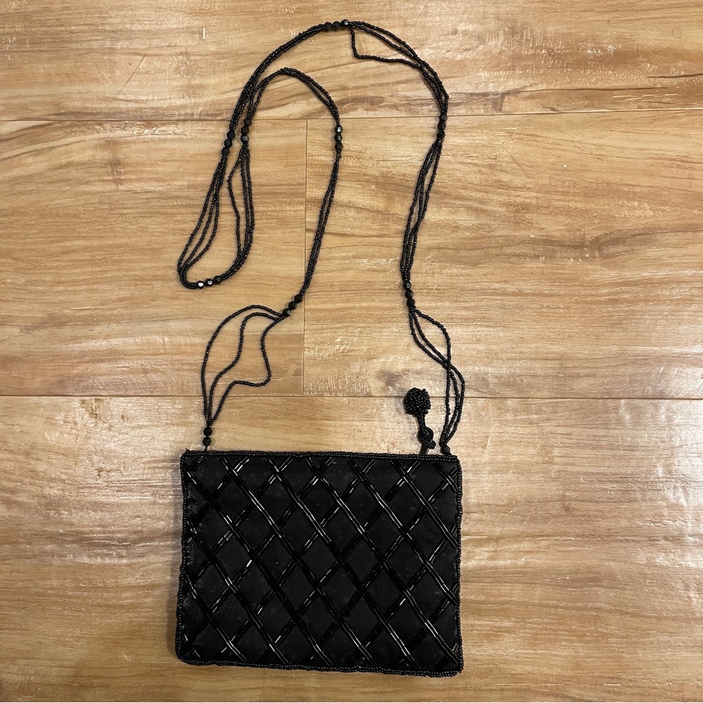 Swee Lo NY  black satin clutch bag With Beaded Crossbody Strap, Diamond Beading